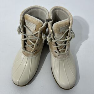 Sperry Duck Boot Womens 7.5 Cream Saltwater Buffalo Check Rain Bone Lace Up